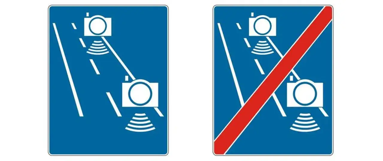 Znaki informujące o odcinkowym pomiarze prędkości. Pamiętaj o zachowaniu odpowiedniej tolerancji, by uniknąć mandatu.