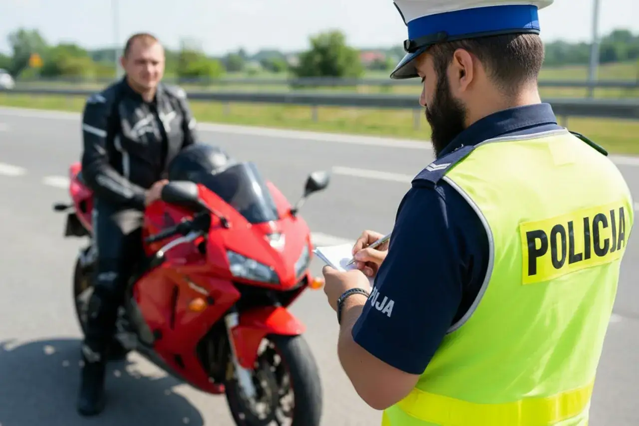 Policjant wypisuje mandat motocykliście za jazdę bez kasku. Czerwony motocykl i funkcjonariusz w kamizelce odblaskowej.