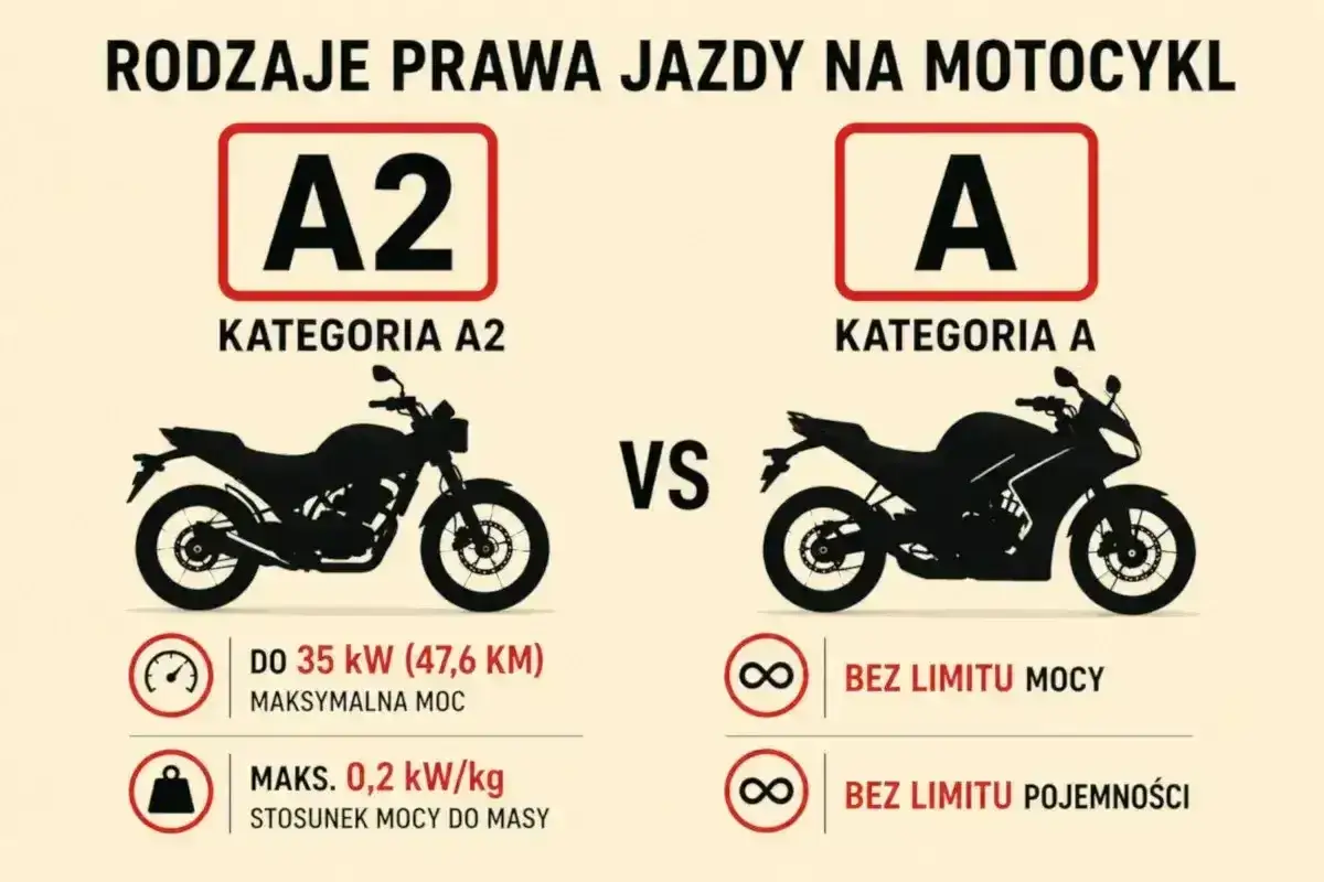 Porównanie kategorii A2 i A prawa jazdy na motocykl: A2 to do 35 kW, A to bez limitu mocy i pojemności.