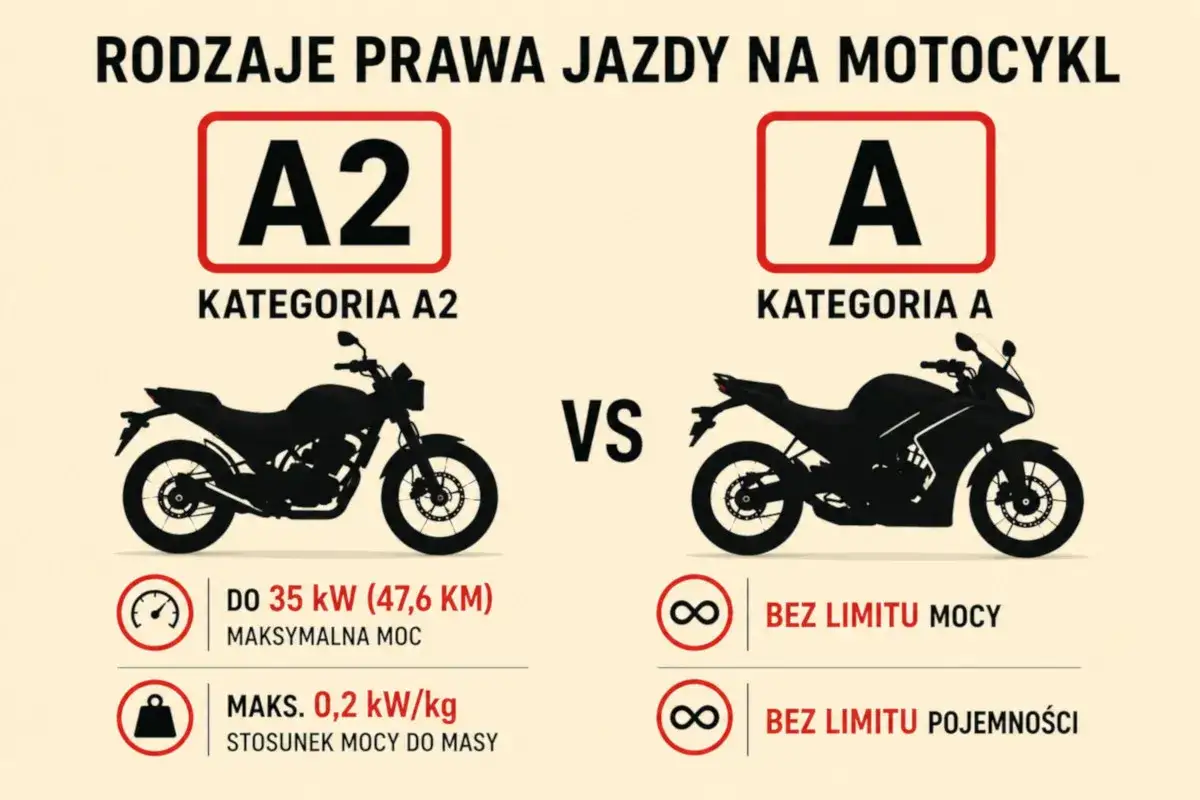 Porównanie kategorii prawa jazdy na motocykl A2 i A. Kategoria A2 pozwala na jazdę motocyklem do 35 kW, a A bez limitu mocy i pojemności.
