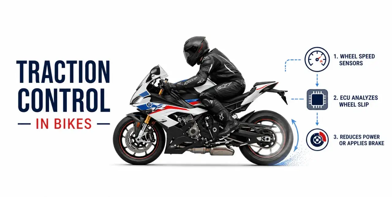 Motocyklista na sportowym motocyklu. Wyjaśnienie, kontrola trakcji co to jest: czujniki, analiza poślizgu, redukcja mocy.