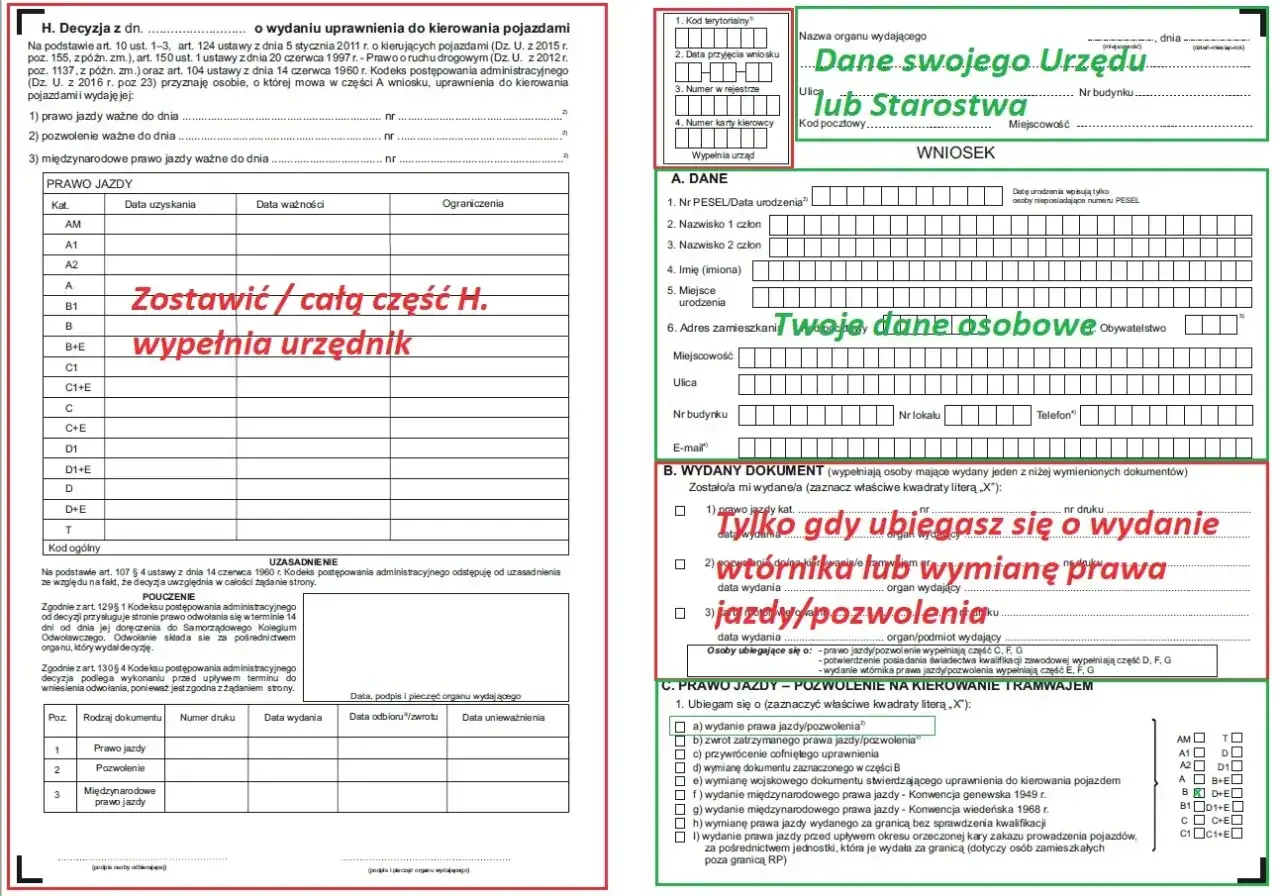 Wniosek o wydanie prawa jazdy: wypełnij swoje dane osobowe i zaznacz cel wniosku.