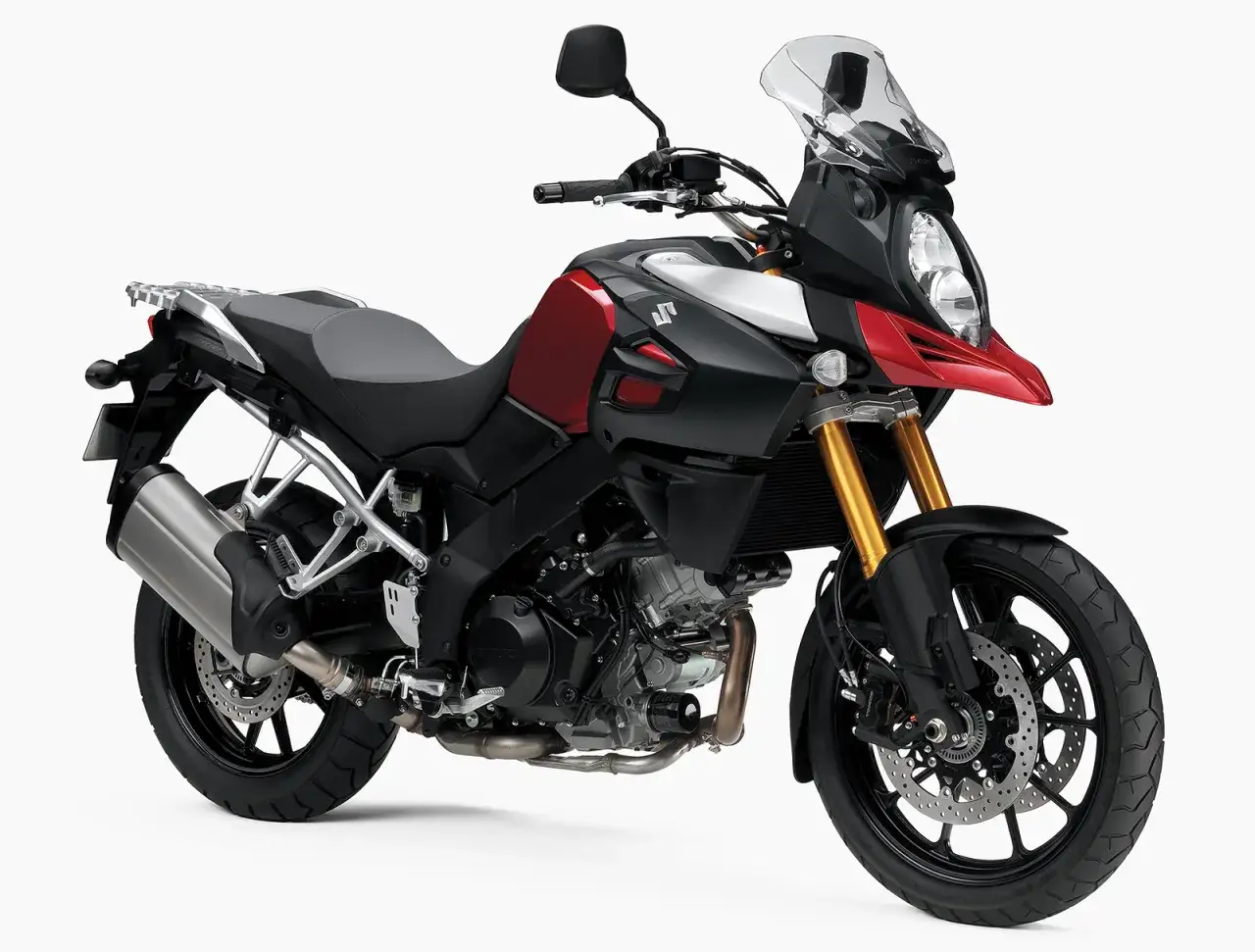 Czerwono-czarny motocykl Suzuki DL 1000 V-Strom gotowy na przygodę.